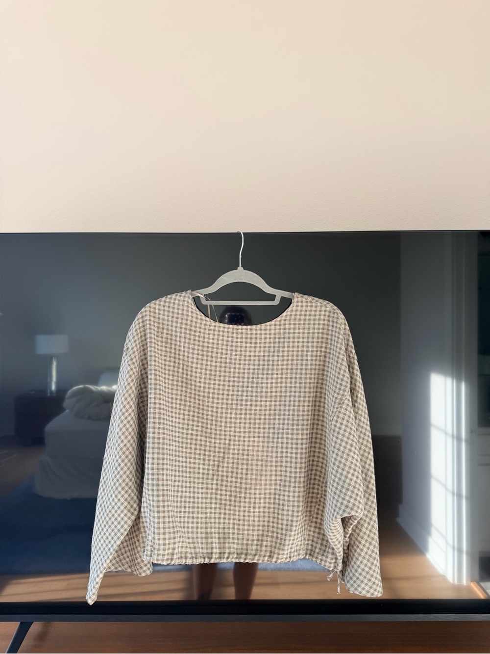 Zara Beige Gingham Long-Sleeve Blouse